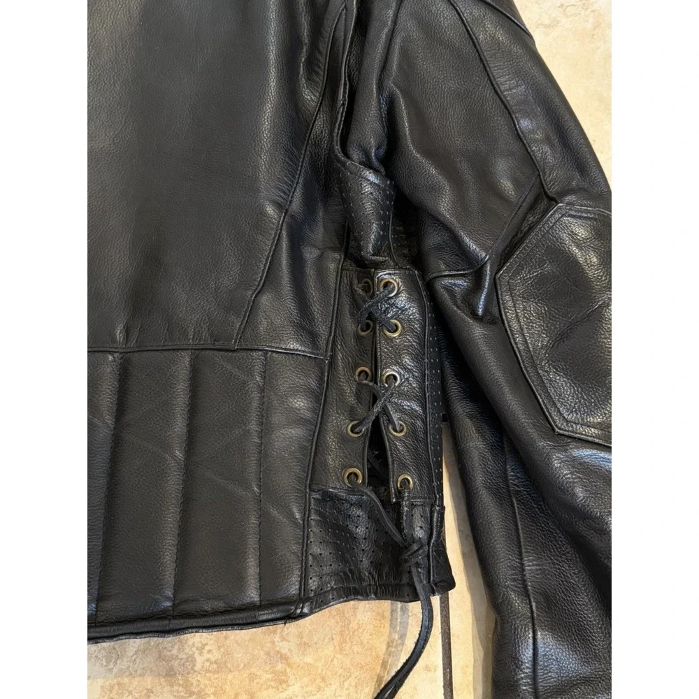 Vintage Motorcycle Leather Jacket Size Small Black Lace‎ Up Sided